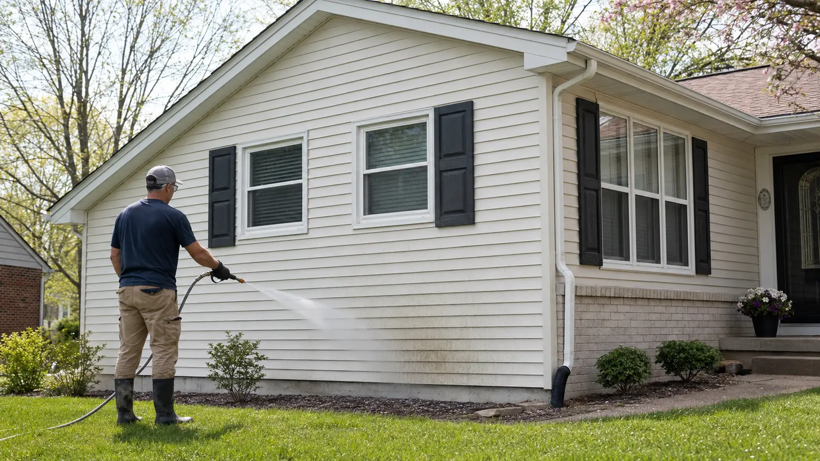 Professional washing light-colored siding on a Mid-Missouri home in spring