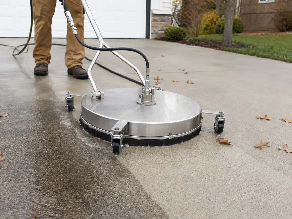 Stainless steel surface cleaner washing a residential concrete driveway during fall