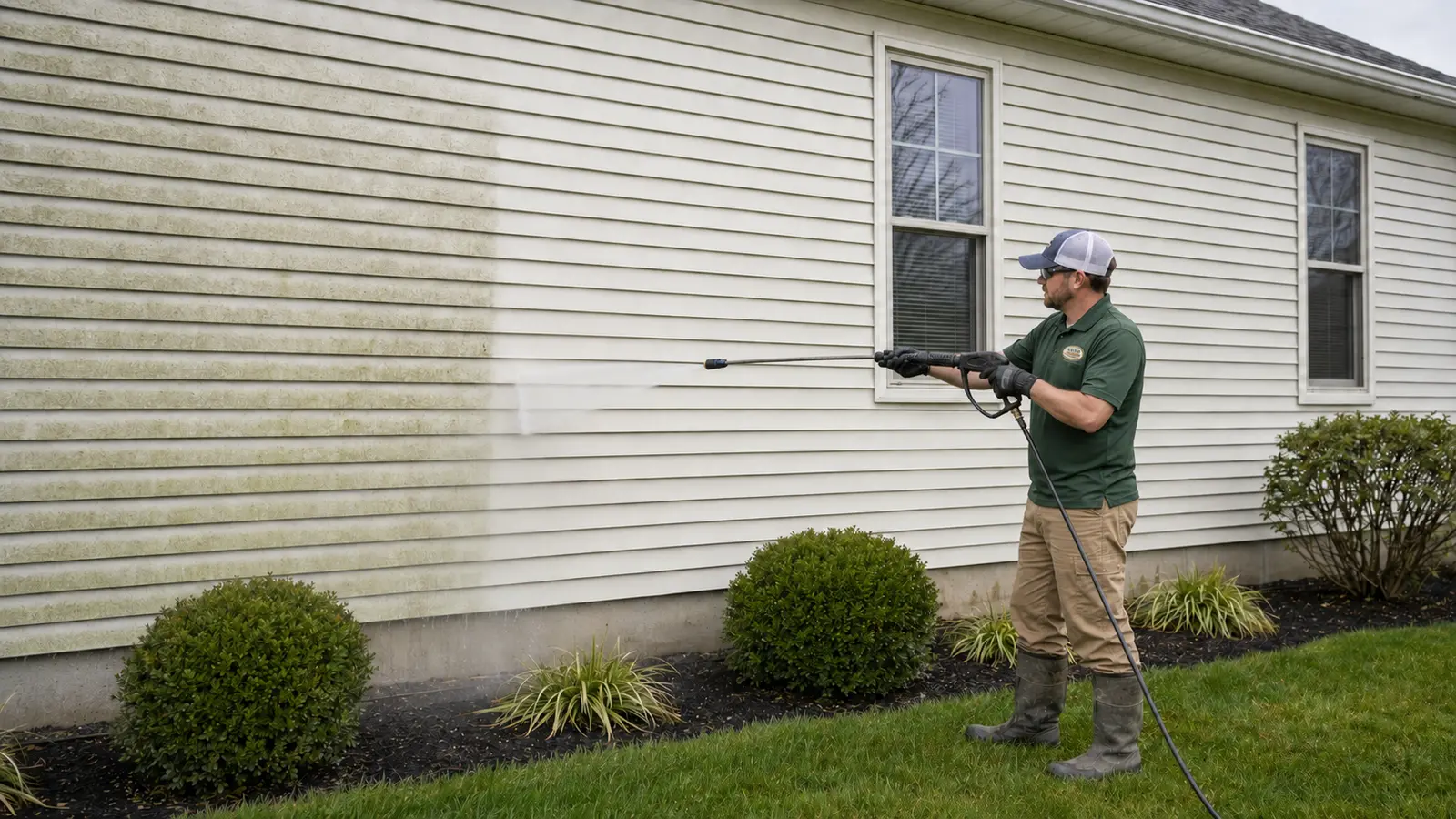 Exterior-cleaning technician safely washing light-colored vinyl siding from the ground