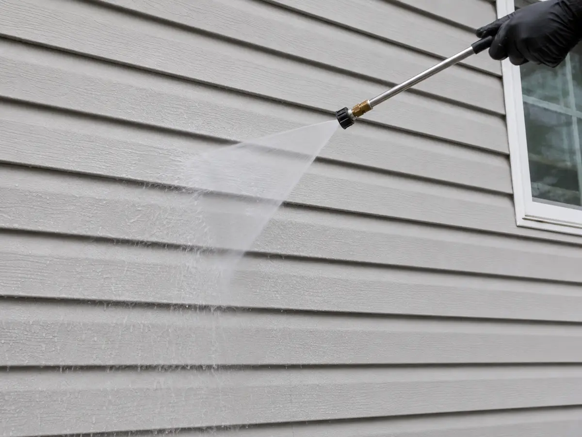 Wide fan of water rinsing downward across gray horizontal vinyl siding
