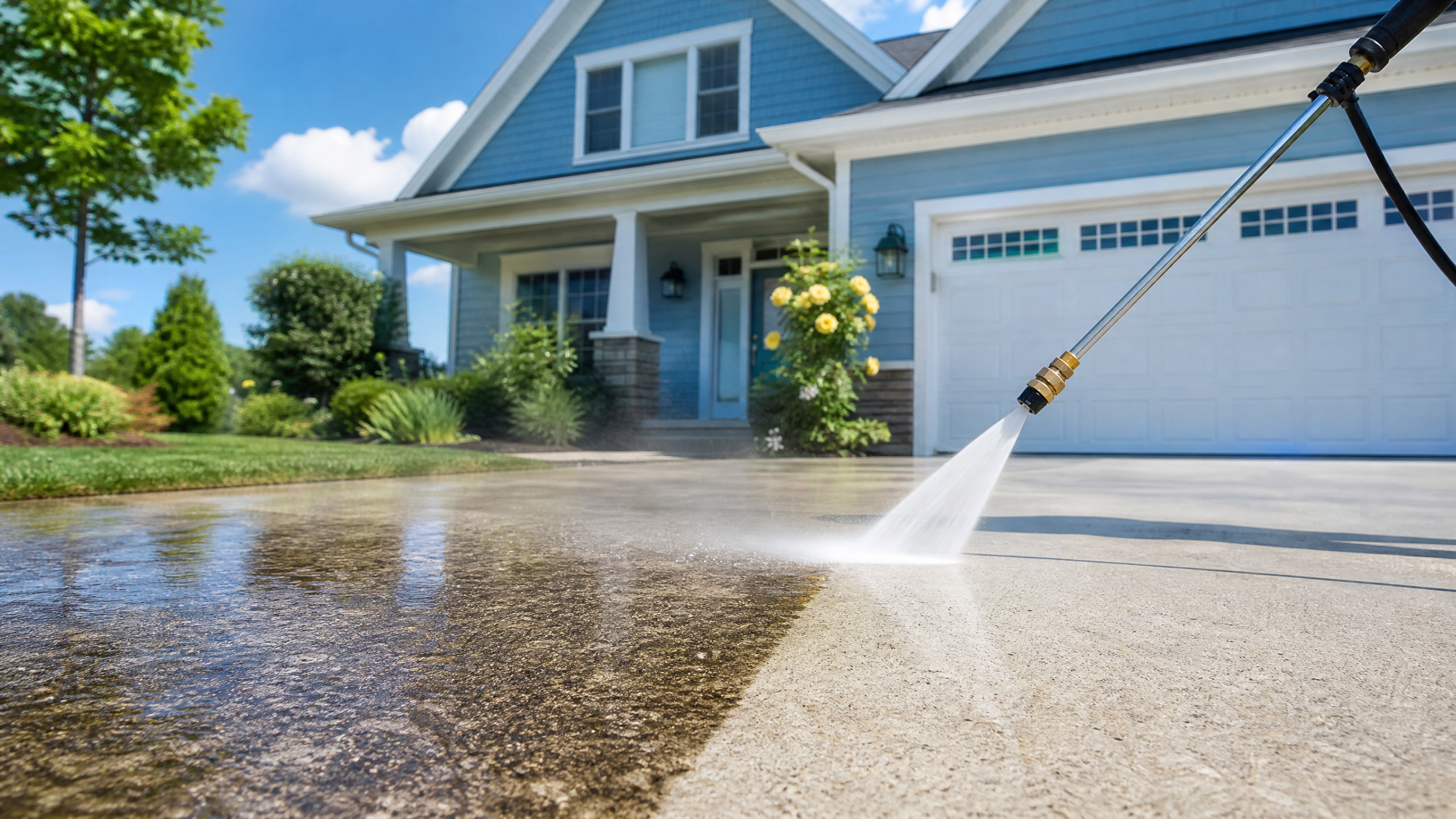 Driveway pressure washing with a clean and dirty concrete contrast