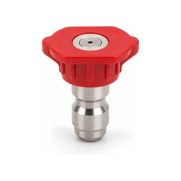 Red 0-degree pressure washer nozzle with a round pinhole outlet