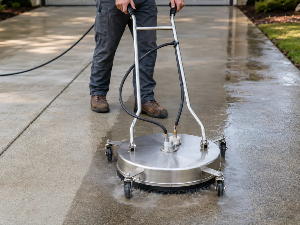 Stainless steel pressure washer surface cleaner washing a concrete driveway
